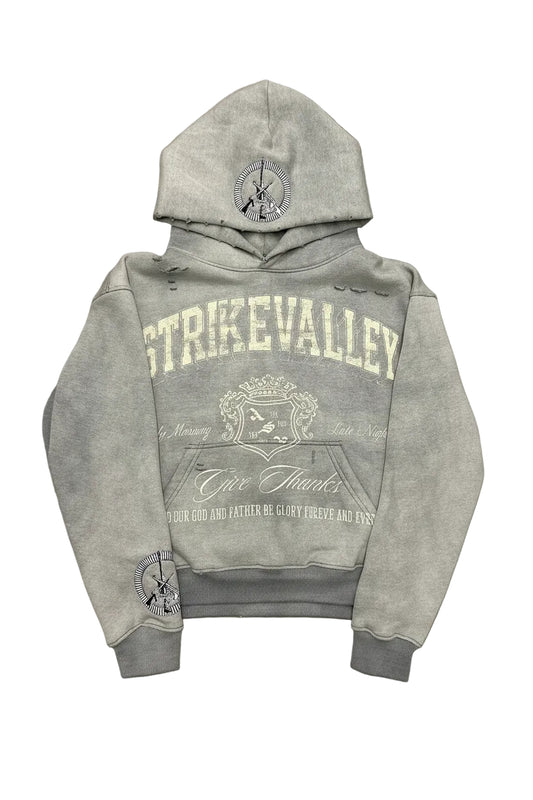 Gray hoodie with branding on a gray background